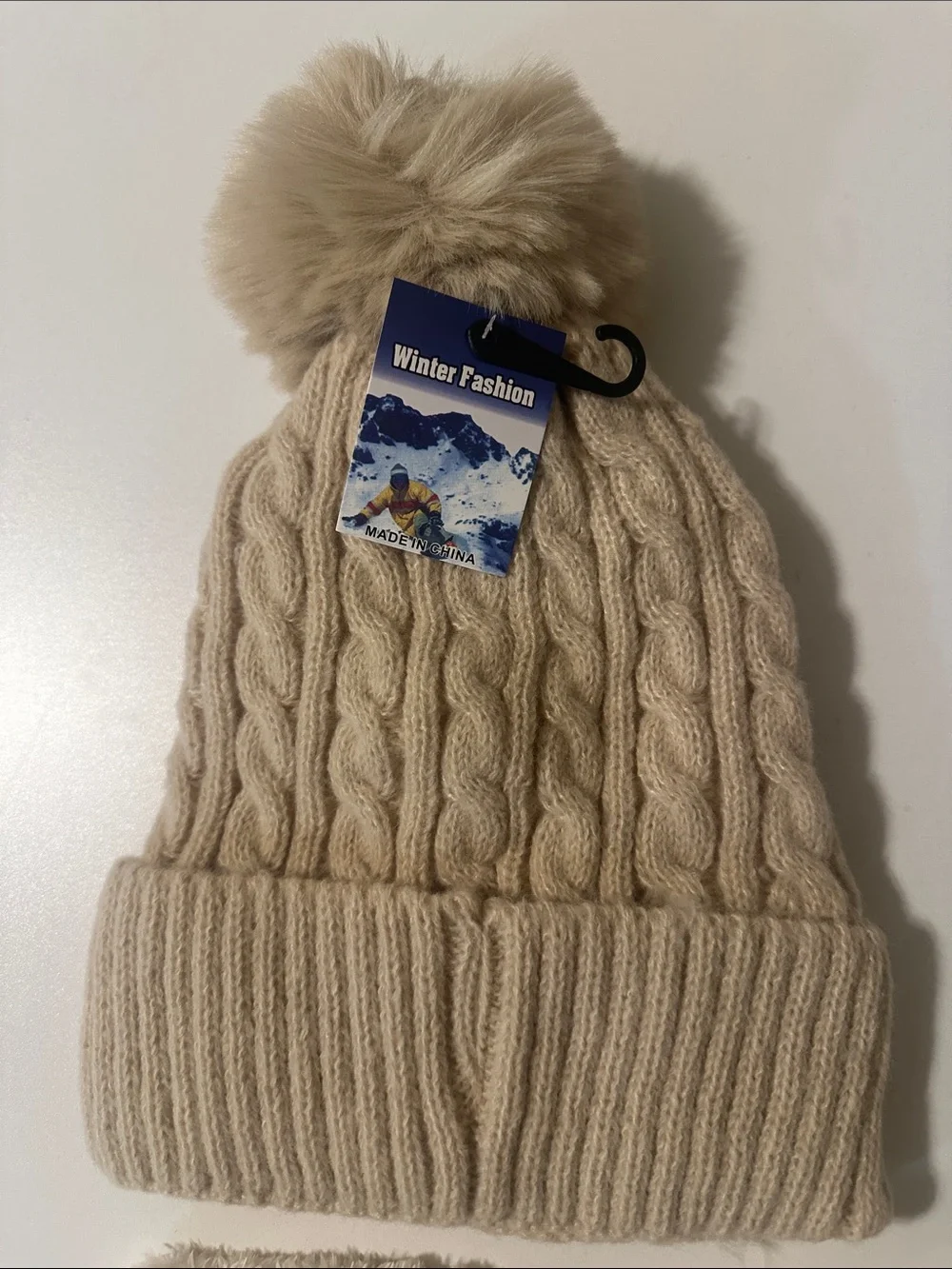 Kids Faux-Fur Trim Cable Knit Beanie and Neck Warmer Set - Cream